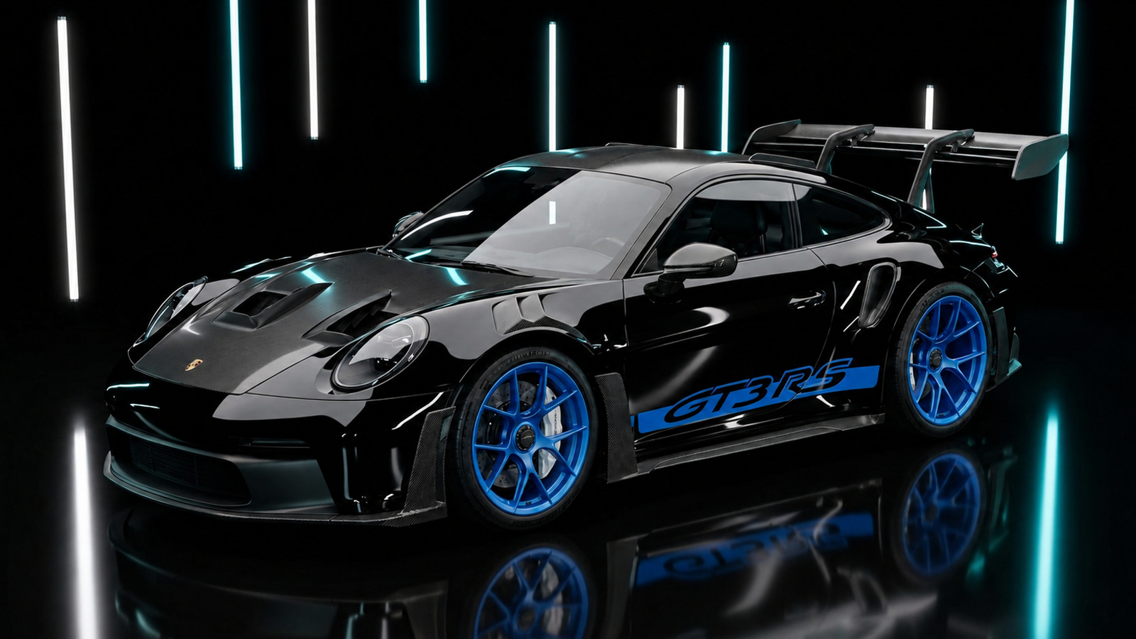 Porsche 911 GT3 RS negro con piezas de carbono y rines azules